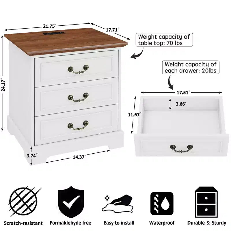 TYBOATLE Table de Chevet Blanche à 3 Tiroirs avec Station de Charge, Table de Chevet de Style Ferme avec Ports USB et Type-C, Grande Table d'Appoint pour Chambre à Coucher et Salon