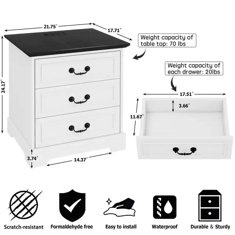 TYBOATLE Table de Chevet Blanche à 3 Tiroirs avec Station de Charge, Table de Chevet de Style Ferme avec Ports USB et Type-C, Grande Table d'Appoint pour Chambre à Coucher et Salon