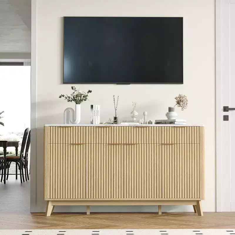 Buffet de salle à manger cannelé avec 3 tiroirs de rangement et étagères réglables, meuble de rangement moderne de 152 cm de large pour salon