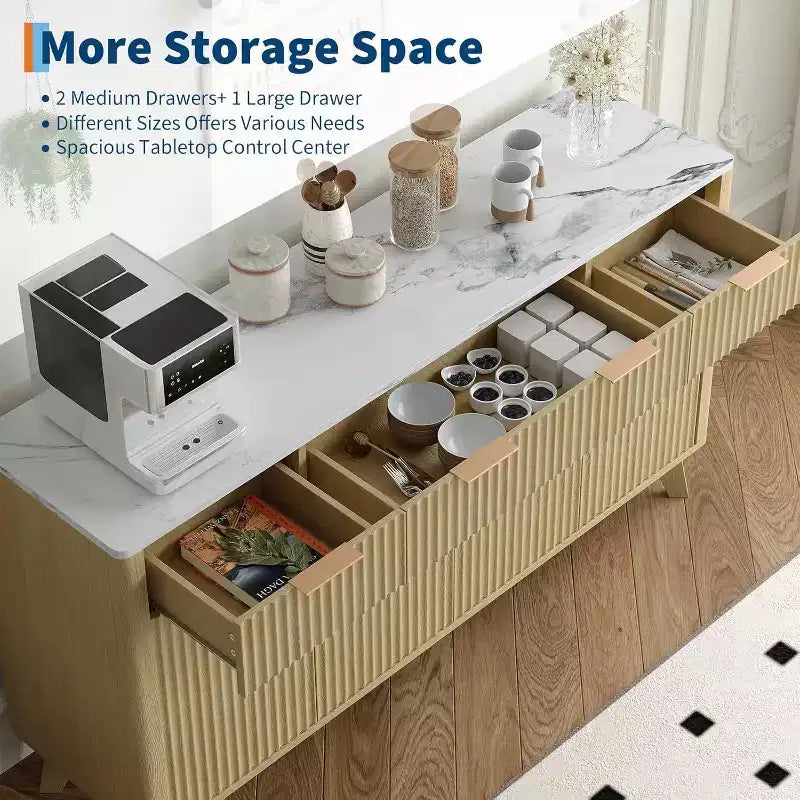Buffet de salle à manger cannelé avec 3 tiroirs de rangement et étagères réglables, meuble de rangement moderne de 152 cm de large pour salon