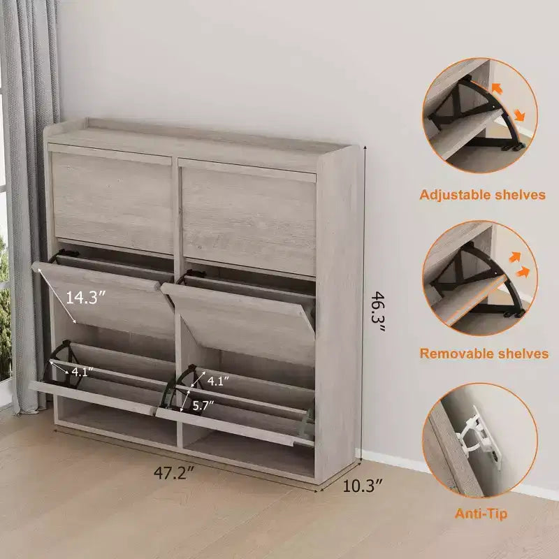 Meuble à chaussures avec 3 tiroirs basculants, meuble à chaussures en bois avec étagères réglables, organiseur de rangement de chaussures à 4 niveaux pour entrée, couloir, salon