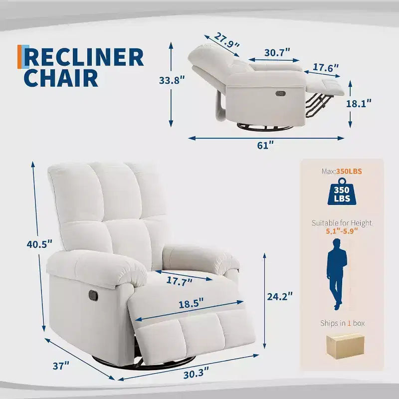 Fauteuil inclinable, pivotant et berçant avec support lombaire - Fauteuil à bascule manuel en chenille pour salon, chambre à coucher ou chambre d'enfant