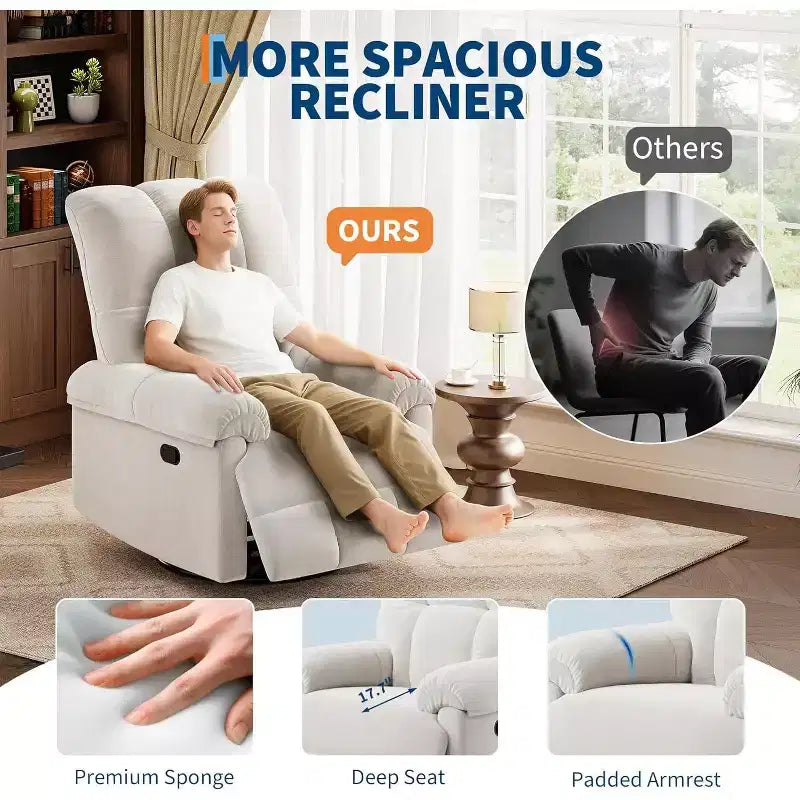 Fauteuil inclinable, pivotant et berçant avec support lombaire - Fauteuil à bascule manuel en chenille pour salon, chambre à coucher ou chambre d'enfant