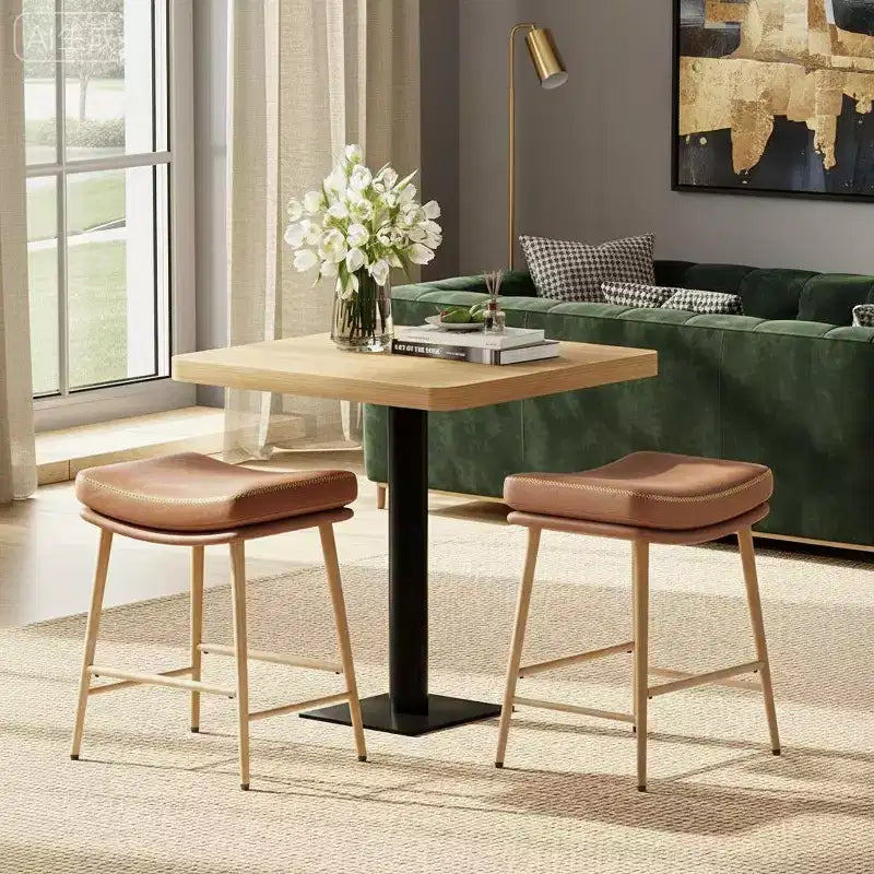 Set of 2 Counter Height Bar Stools  Leather Chairs with Metal Legs, Brown