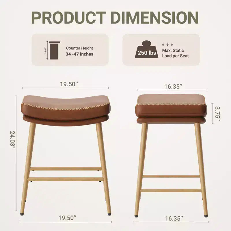 Lot de 2 tabourets de bar hauteur comptoir, chaises en cuir avec pieds en métal, marron