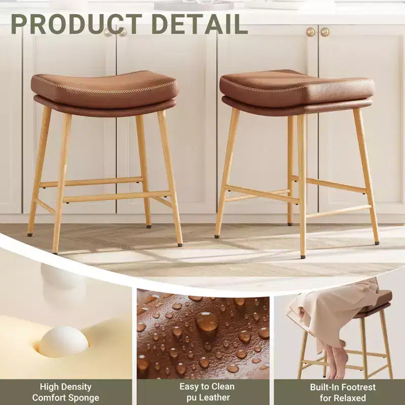 Lot de 2 tabourets de bar hauteur comptoir, chaises en cuir avec pieds en métal, marron