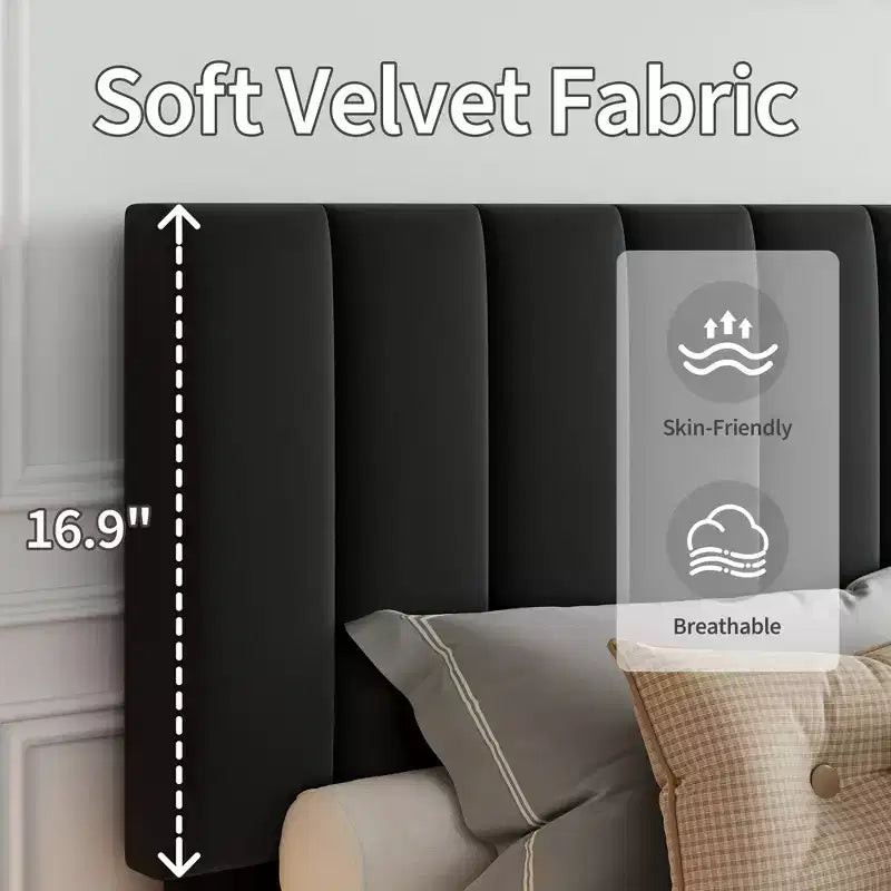 Cadre de lit en velours réglable avec tête de lit capitonnée verticale - Lit plateforme, pas besoin de sommier, support robuste et silencieux