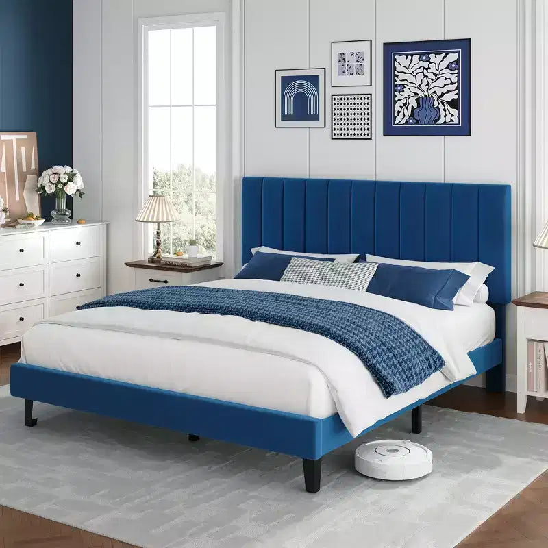 Adjustable Velvet Bed Frame with Vertical Channel Headboard - Platform Bed, No Box Spring Needed, Sturdy & Noise-Free Support