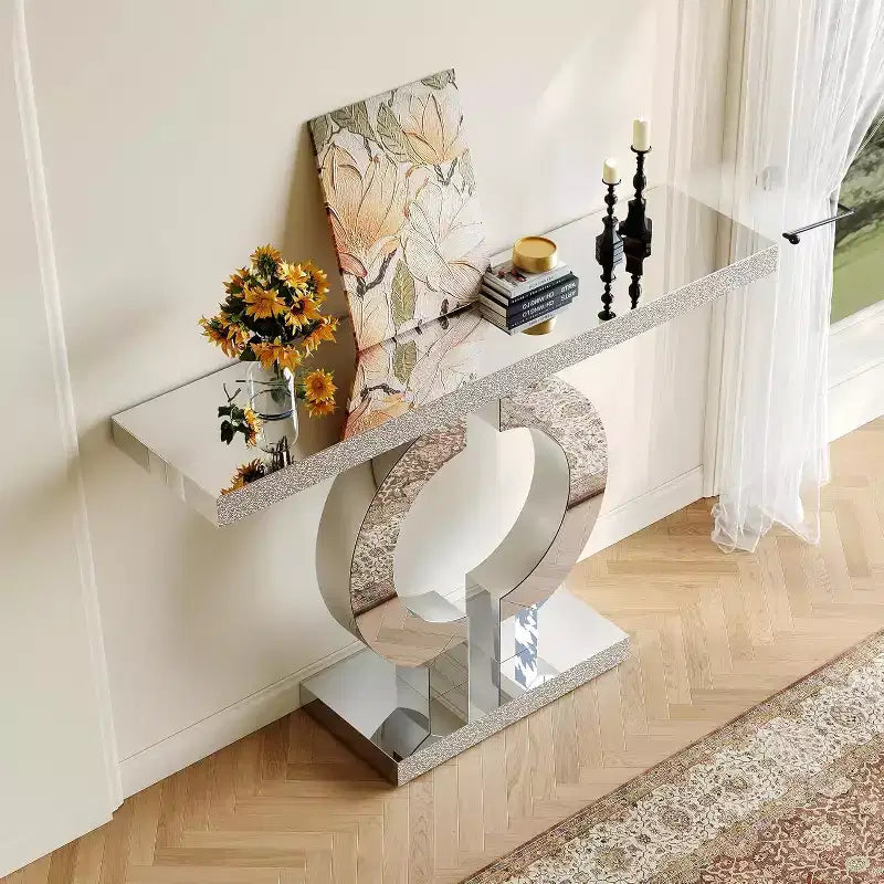 Console Lantine 43" en verre miroir avec base en O, table d'entrée ou de canapé pour salon, couloir, finition miroir