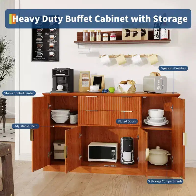 Meuble de rangement buffet de 58 po, meuble de bar à café cannelé avec 2 tiroirs, console multimédia en bois, bahut d'appoint pour salon, cuisine, noyer