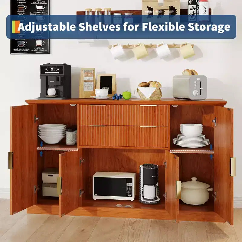 Meuble de rangement buffet de 58 po, meuble de bar à café cannelé avec 2 tiroirs, console multimédia en bois, bahut d'appoint pour salon, cuisine, noyer