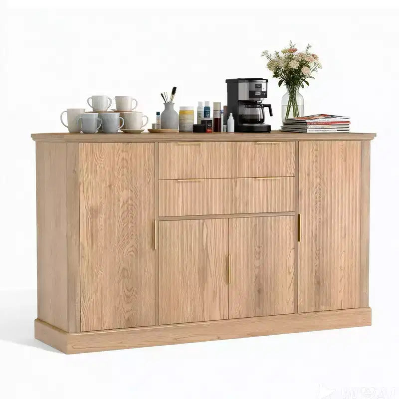 Meuble de rangement buffet de 58 po, meuble de bar à café cannelé avec 2 tiroirs, console multimédia en bois, bahut d'appoint pour salon, cuisine, noyer