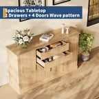 Meuble de rangement buffet de 58 po, meuble de bar à café cannelé avec 2 tiroirs, console multimédia en bois, bahut d'appoint pour salon, cuisine, noyer