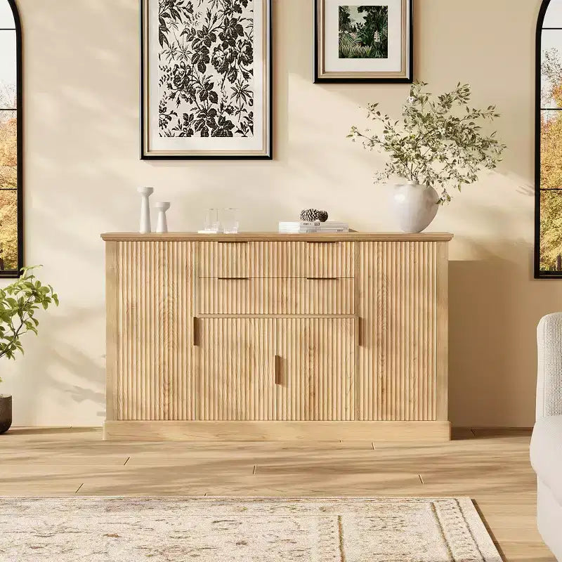 58 Sideboard Buffet Cabinet, Fluted Coffee Bar Cabinet with 2 Drawers, Wooden Media Console Table, Accent Credenza for Living Room, Kitchen, Walnut
