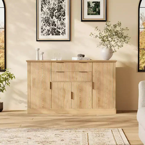 58 Sideboard Buffet Cabinet, Fluted Coffee Bar Cabinet with 2 Drawers, Wooden Media Console Table, Accent Credenza for Living Room, Kitchen, Walnut