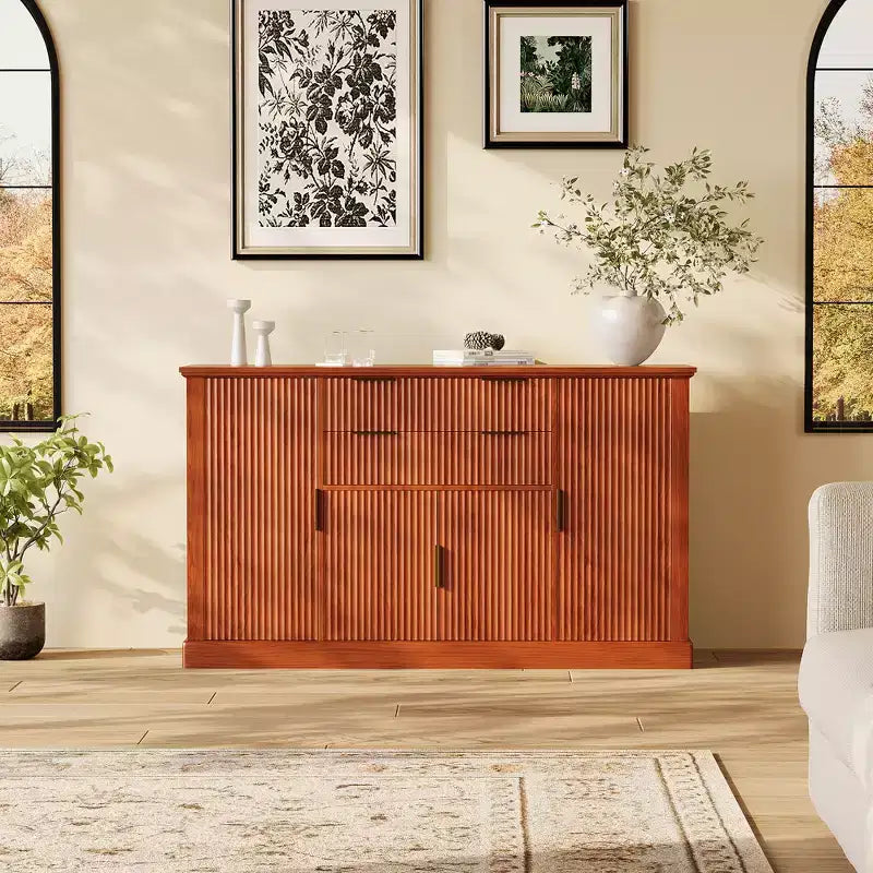 Meuble de rangement buffet de 58 po, meuble de bar à café cannelé avec 2 tiroirs, console multimédia en bois, bahut d'appoint pour salon, cuisine, noyer