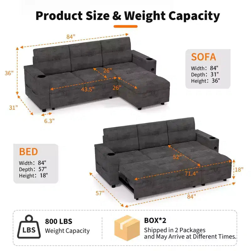 COZONY Canapé-lit d'angle en L 84" avec lit gigogne, méridienne de rangement réversible et porte-gobelets pour salon