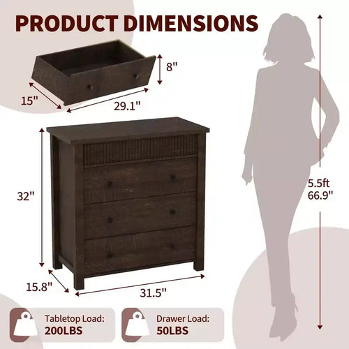 Commode de chevet à 3 tiroirs, Table d'appoint cannelée en bois pour chambre à coucher, Rouge marron