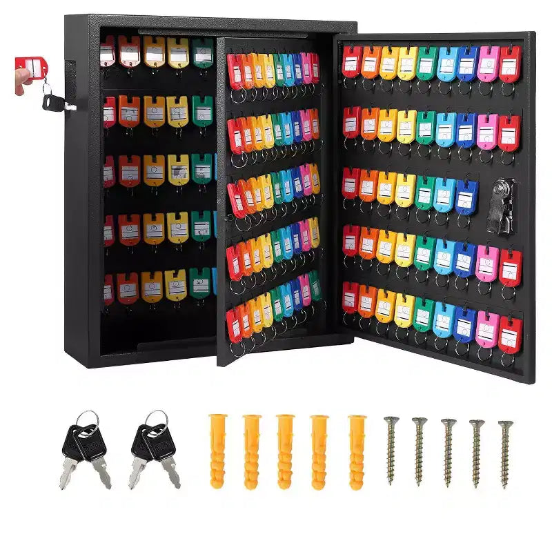 Boîte à clés murale pour jusqu'à 100 clés, organisateur verrouillable en acier avec crochets numérotés et étiquettes de couleur pour les clés de bureau, d'hôtel et de véhicule