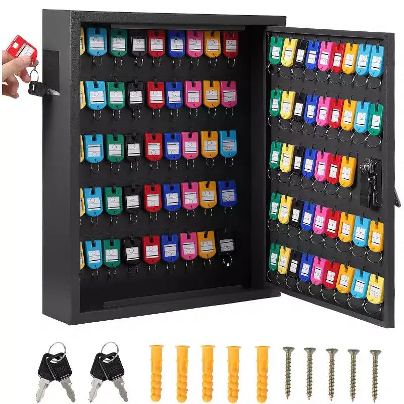 Wall-Mounted Key Storage Cabinet for Up to 100 Keys, Lockable Steel Organizer with Numbered Hooks and Color Tags for Office, Hotel, and Vehicle Keys