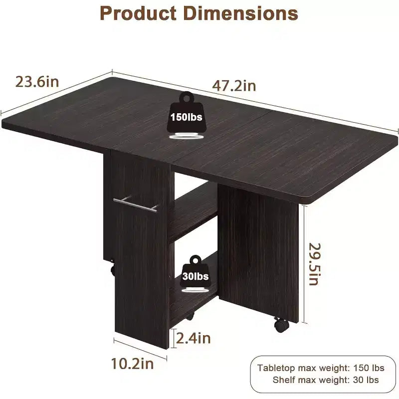 Table de salle à manger pliable, table de salle à manger de style rustique peu encombrante pour 4 personnes avec étagère de rangement, table de cuisine à abattants extensible polyvalente à 6 roulettes pour petits espaces