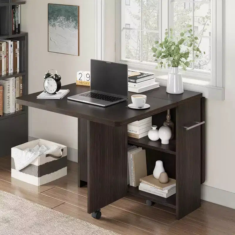 Table de salle à manger pliable, table de salle à manger de style rustique peu encombrante pour 4 personnes avec étagère de rangement, table de cuisine à abattants extensible polyvalente à 6 roulettes pour petits espaces