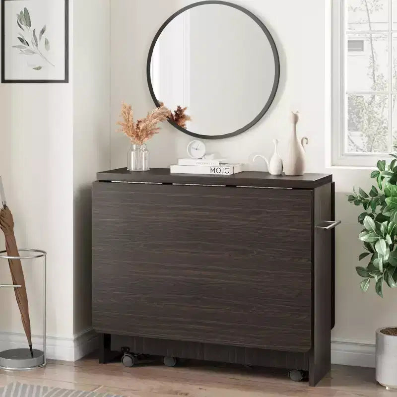 Table de salle à manger pliable, table de salle à manger de style rustique peu encombrante pour 4 personnes avec étagère de rangement, table de cuisine à abattants extensible polyvalente à 6 roulettes pour petits espaces