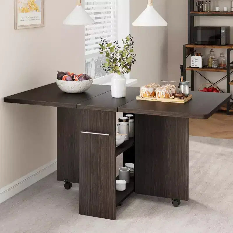 Table de salle à manger pliable, table de salle à manger de style rustique peu encombrante pour 4 personnes avec étagère de rangement, table de cuisine à abattants extensible polyvalente à 6 roulettes pour petits espaces