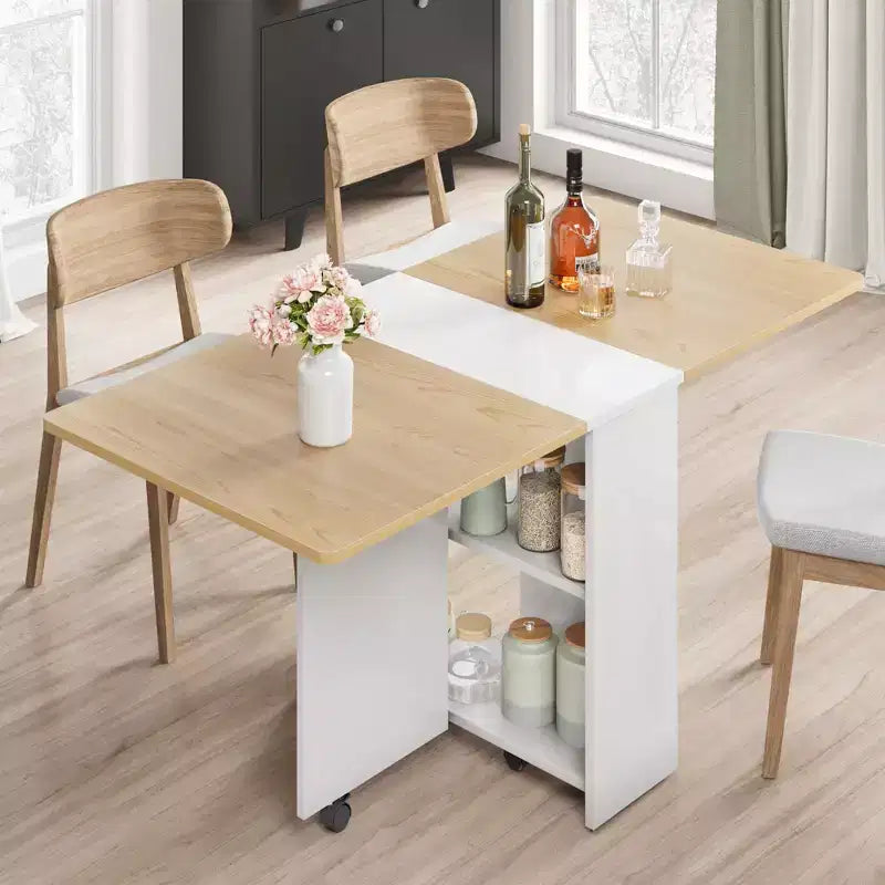 Table de salle à manger pliable, table de salle à manger de style rustique peu encombrante pour 4 personnes avec étagère de rangement, table de cuisine à abattants extensible polyvalente à 6 roulettes pour petits espaces