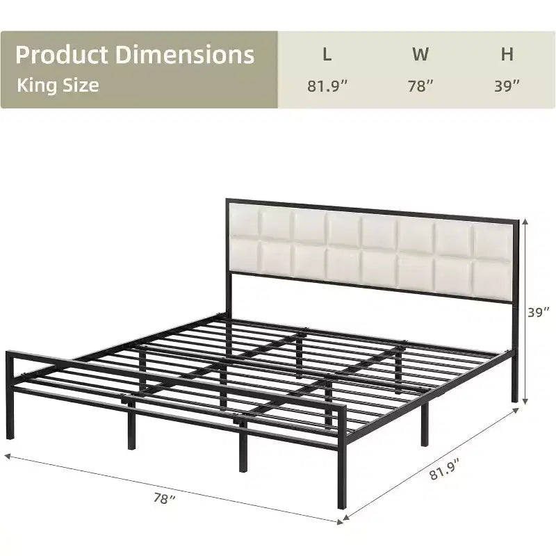 Lit King en métal capitonné avec tête de lit surpiquée, lit plateforme en similicuir avec support à lattes en acier, sommier tapissier en option, beige