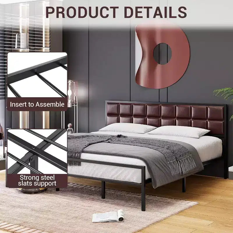 Lit King en métal capitonné avec tête de lit surpiquée, lit plateforme en similicuir avec support à lattes en acier, sommier tapissier en option, beige