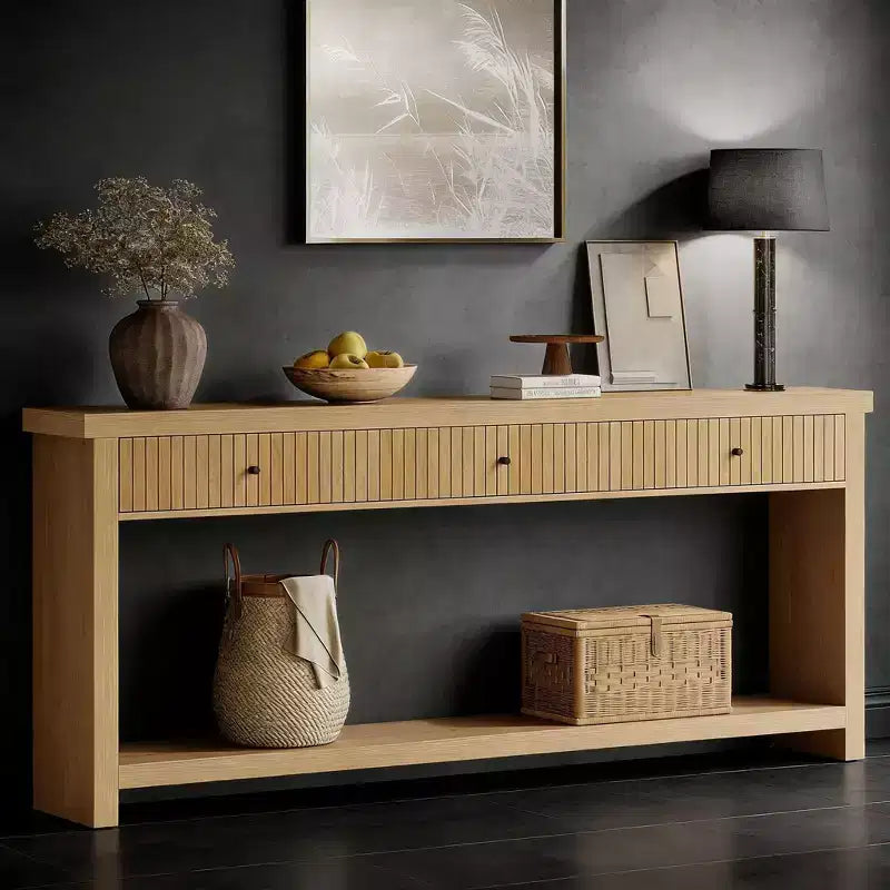 Console, longue table de canapé en bois avec 3 tiroirs