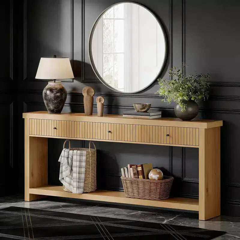 Console, longue table de canapé en bois avec 3 tiroirs