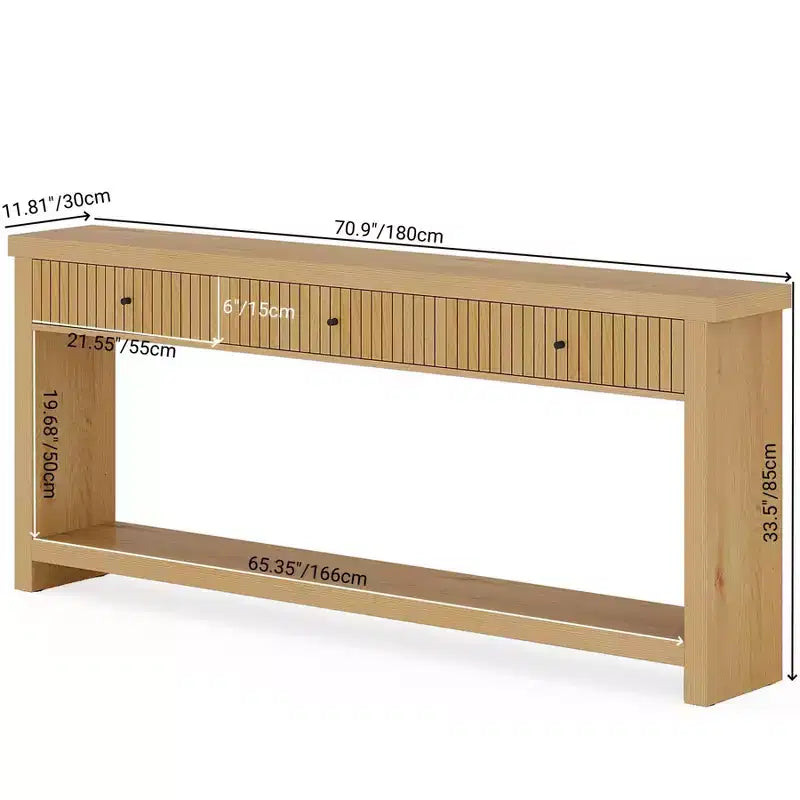 Console, longue table de canapé en bois avec 3 tiroirs