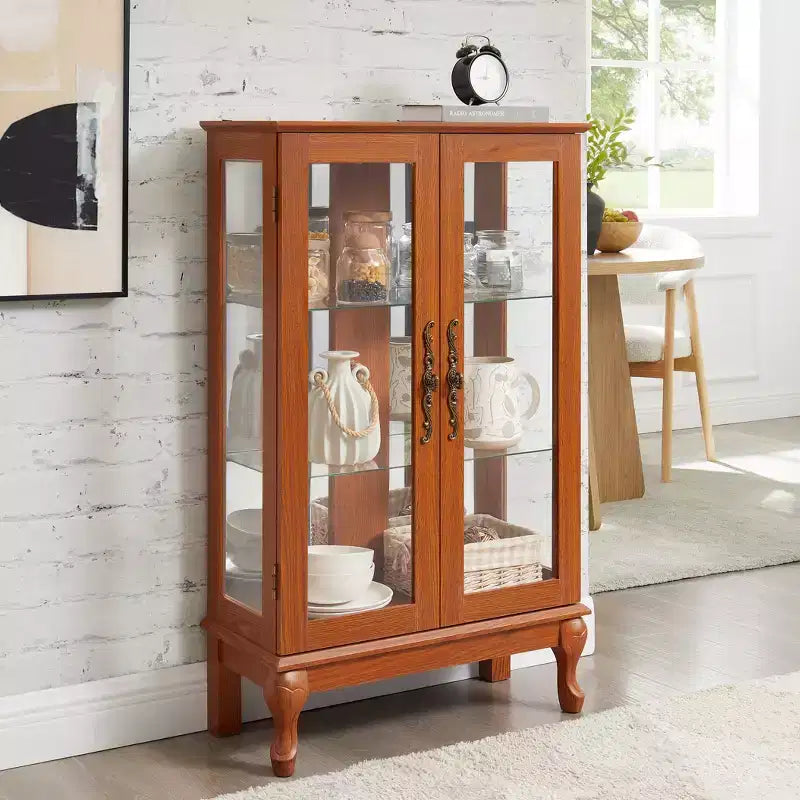 Vitrine 2 portes avec portes en verre trempé, panneau arrière miroir, étagères réglables et éclairage pour la maison