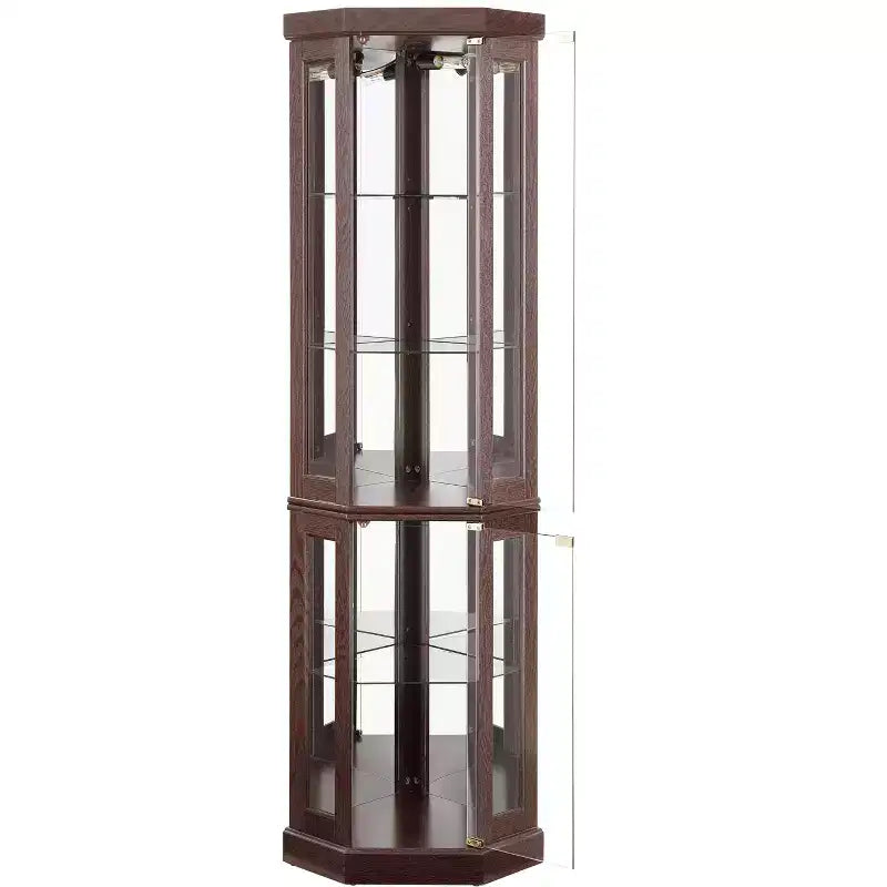 Vitrine d'angle en verre avec éclairage, étagères réglables et fonds de miroir pour salon