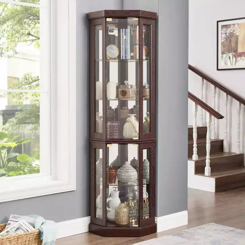 Vitrine d'angle en verre avec éclairage, étagères réglables et fonds de miroir pour salon