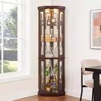 Vitrine d'angle en verre avec éclairage, étagères réglables et fonds de miroir pour salon