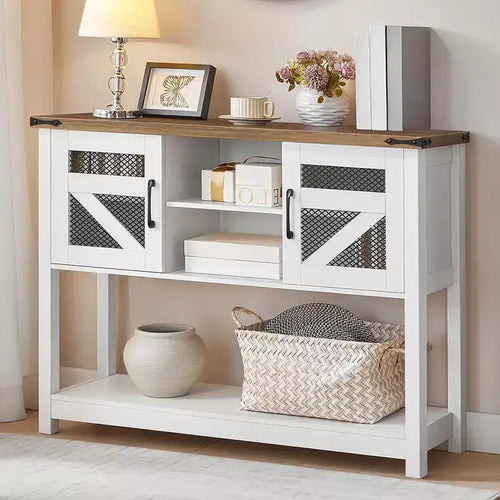 ACOINEL 43.3 Farmhouse Entryway Table with Storage, Rustic Console Table for Sofa/Hallway, White & Walnut Narrow Hall Table