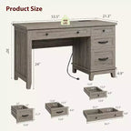 53,54 Bureau de direction de ferme avec tiroirs | Bureau d'ordinateur en bois pour bureau à domicile avec station de charge et classeur de rangement pour le travail, les études, l'écriture