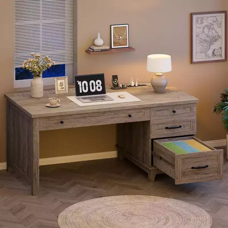 53,54 Bureau de direction de ferme avec tiroirs | Bureau d'ordinateur en bois pour bureau à domicile avec station de charge et classeur de rangement pour le travail, les études, l'écriture