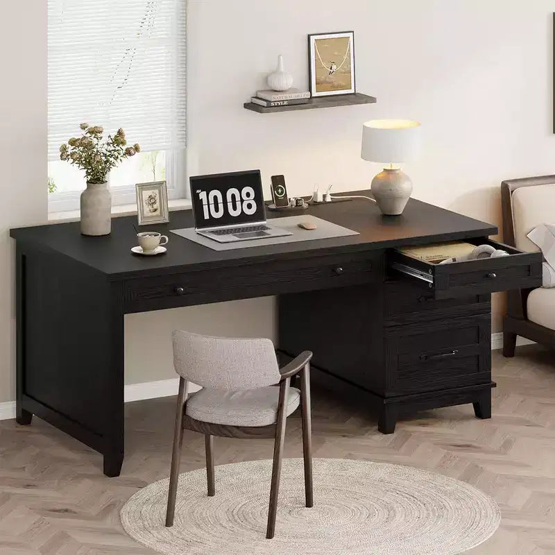 53,54 Bureau de direction de ferme avec tiroirs | Bureau d'ordinateur en bois pour bureau à domicile avec station de charge et classeur de rangement pour le travail, les études, l'écriture