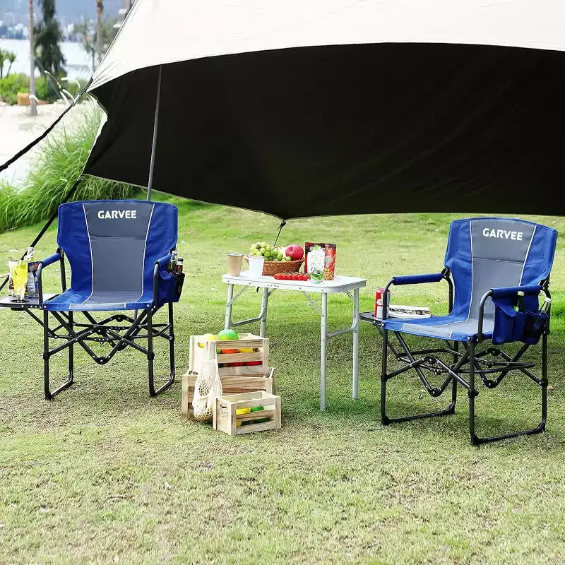 Chaise pliante de camping pour adultes - Chaise de jardin portable avec table d'appoint, pochette et porte-boissons, chaise de réalisateur robuste pour camping-car, plage, jardin