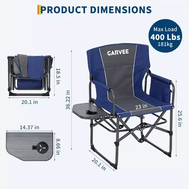 Chaise pliante de camping pour adultes - Chaise de jardin portable avec table d'appoint, pochette et porte-boissons, chaise de réalisateur robuste pour camping-car, plage, jardin
