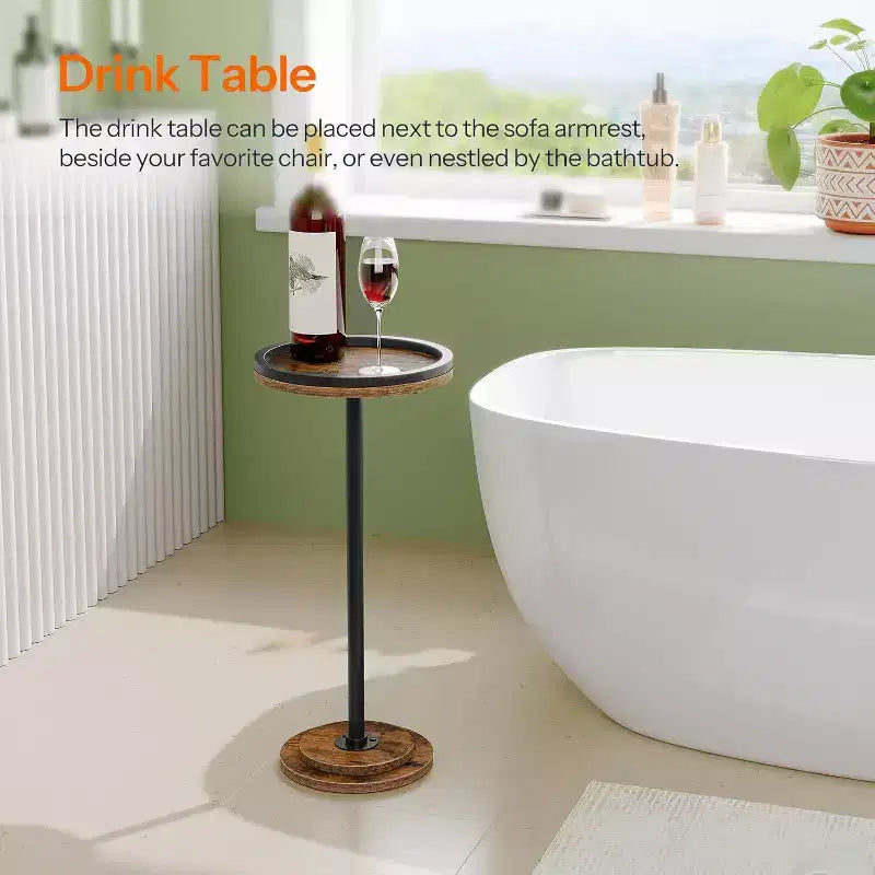 ACOINEL Petite table d'appoint ronde, table à martini/café avec piédestal, table de chevet rustique marron pour petits espaces