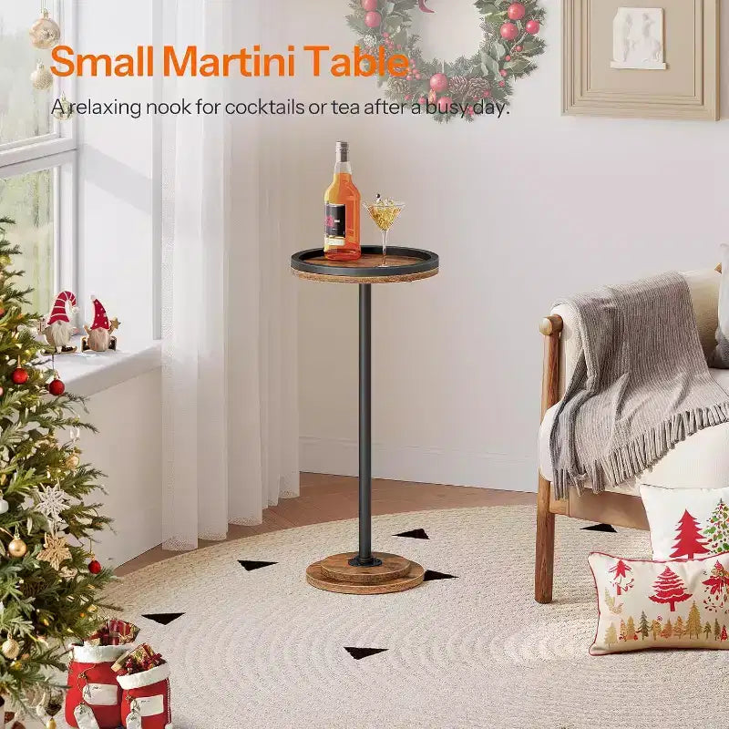 ACOINEL Petite table d'appoint ronde, table à martini/café avec piédestal, table de chevet rustique marron pour petits espaces