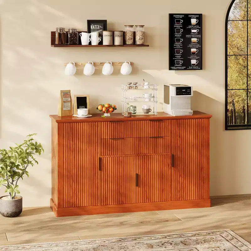 Buffet de rangement cannelé 58 po avec tiroirs et portes, console de style ferme moderne avec tablette réglable et poignées dorées pour salles à manger et salons