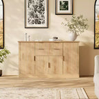 Buffet de rangement cannelé 58 po avec tiroirs et portes, console de style ferme moderne avec tablette réglable et poignées dorées pour salles à manger et salons