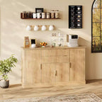 Buffet de rangement cannelé 58 po avec tiroirs et portes, console de style ferme moderne avec tablette réglable et poignées dorées pour salles à manger et salons