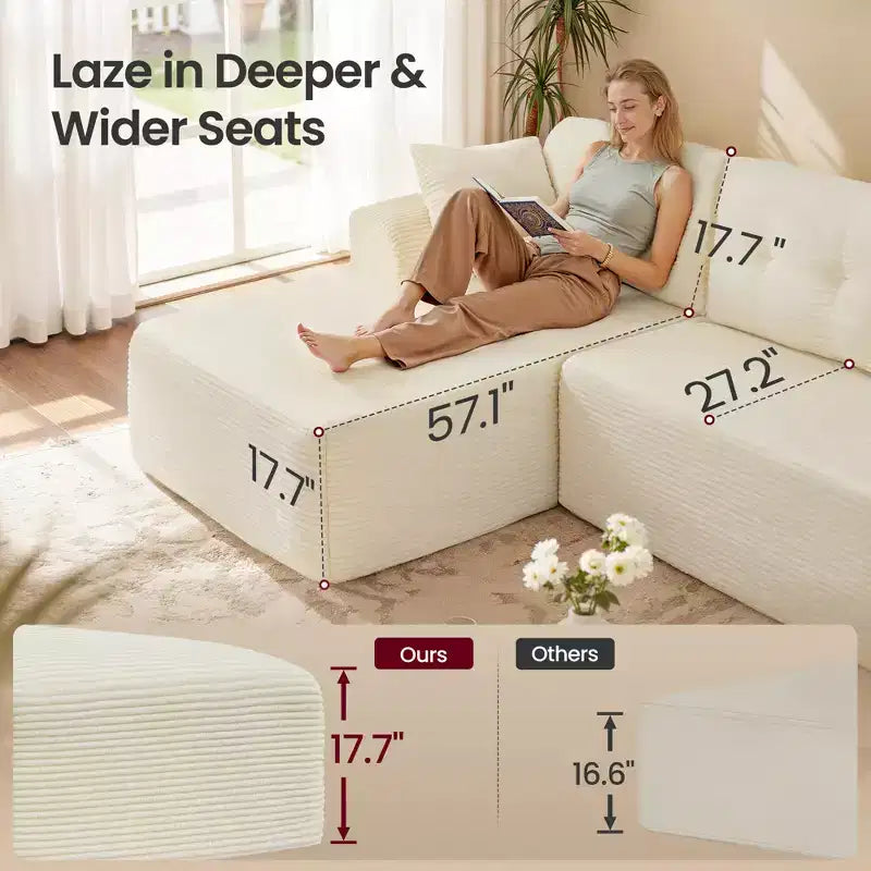 VASAGLE Canapé sans accoudoirs de 275 cm avec méridienne, assise profonde, en velours côtelé en forme de L pour salon, méridienne à droite